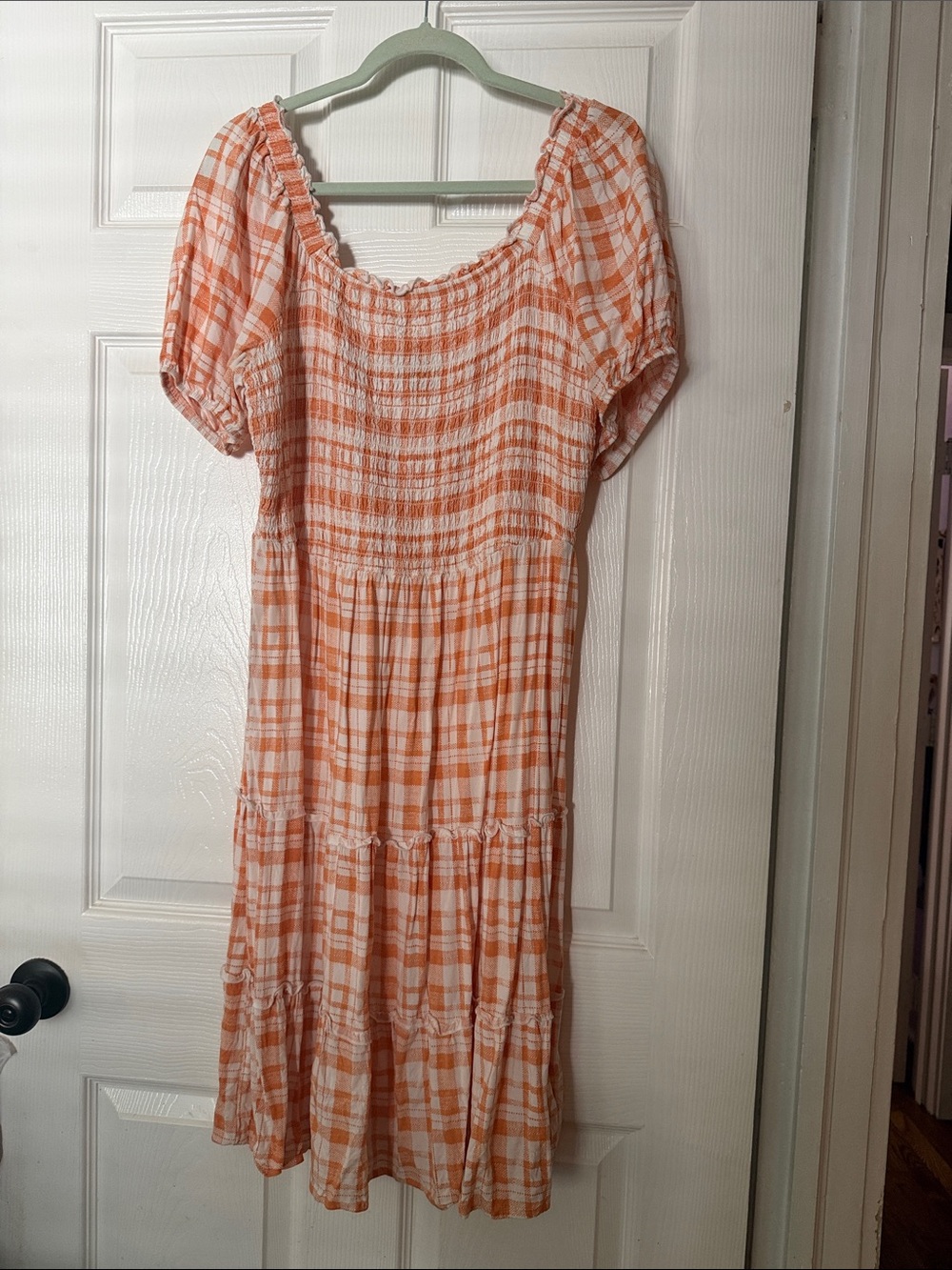 As U Wish Orange and White Plaid Smocked Midi Dress